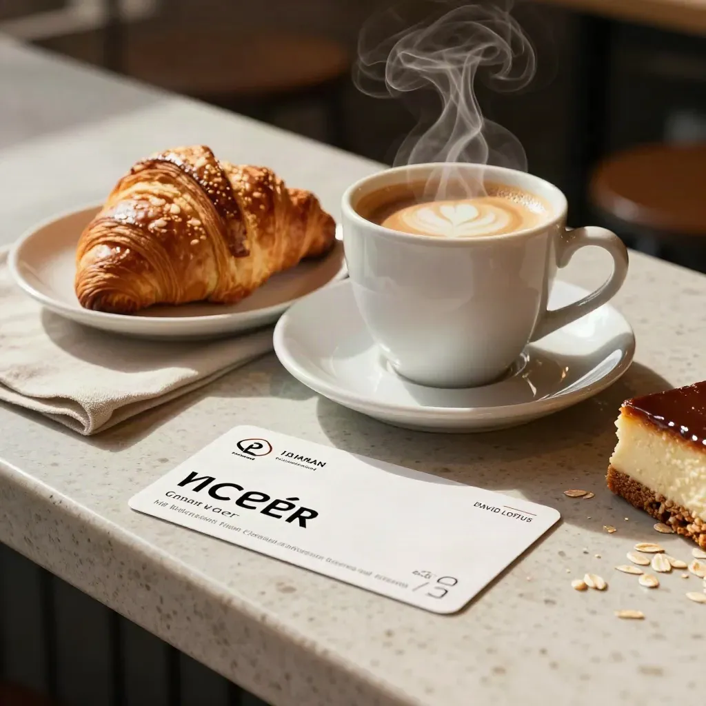 Café-Gutschein mit Mokka, Croissant, Kuchen und Leinenserviette auf heller Steinfläche.