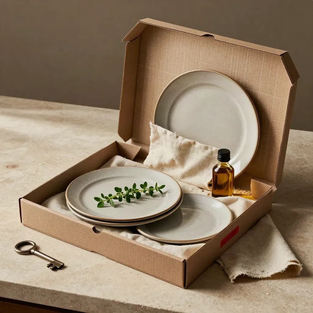Pizza-Box, zwei Teller, Oregano und Ölflasche liegen halb im Leinen auf hellem Stein.