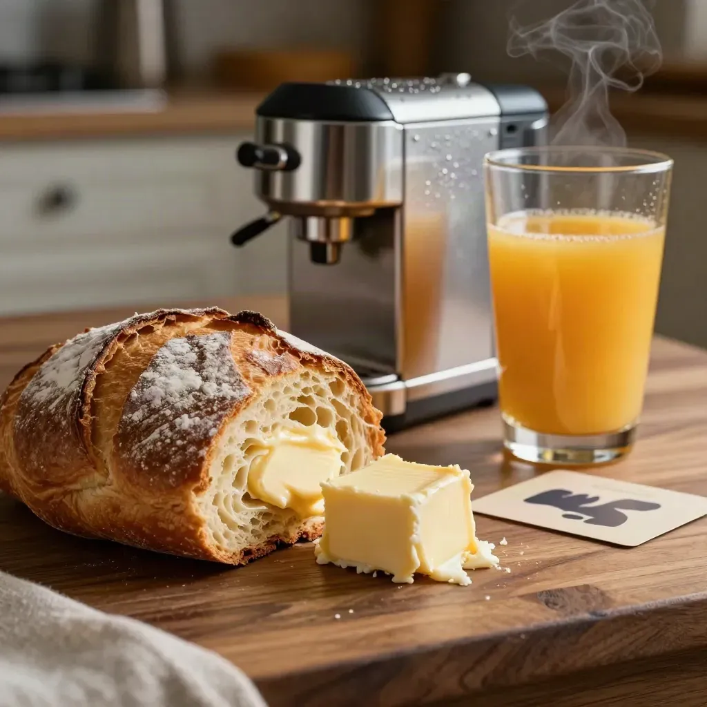 Brötchen, Butter, Kaffeemaschine und Orangensaft im warmen Morgenlicht