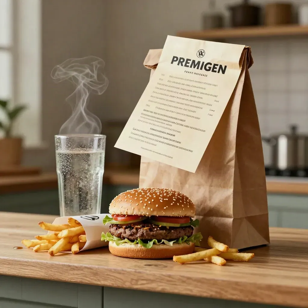 Burger-Menü-Gutschein mit Pommes, Drink und Liefertüte auf hellem Küchentresen.