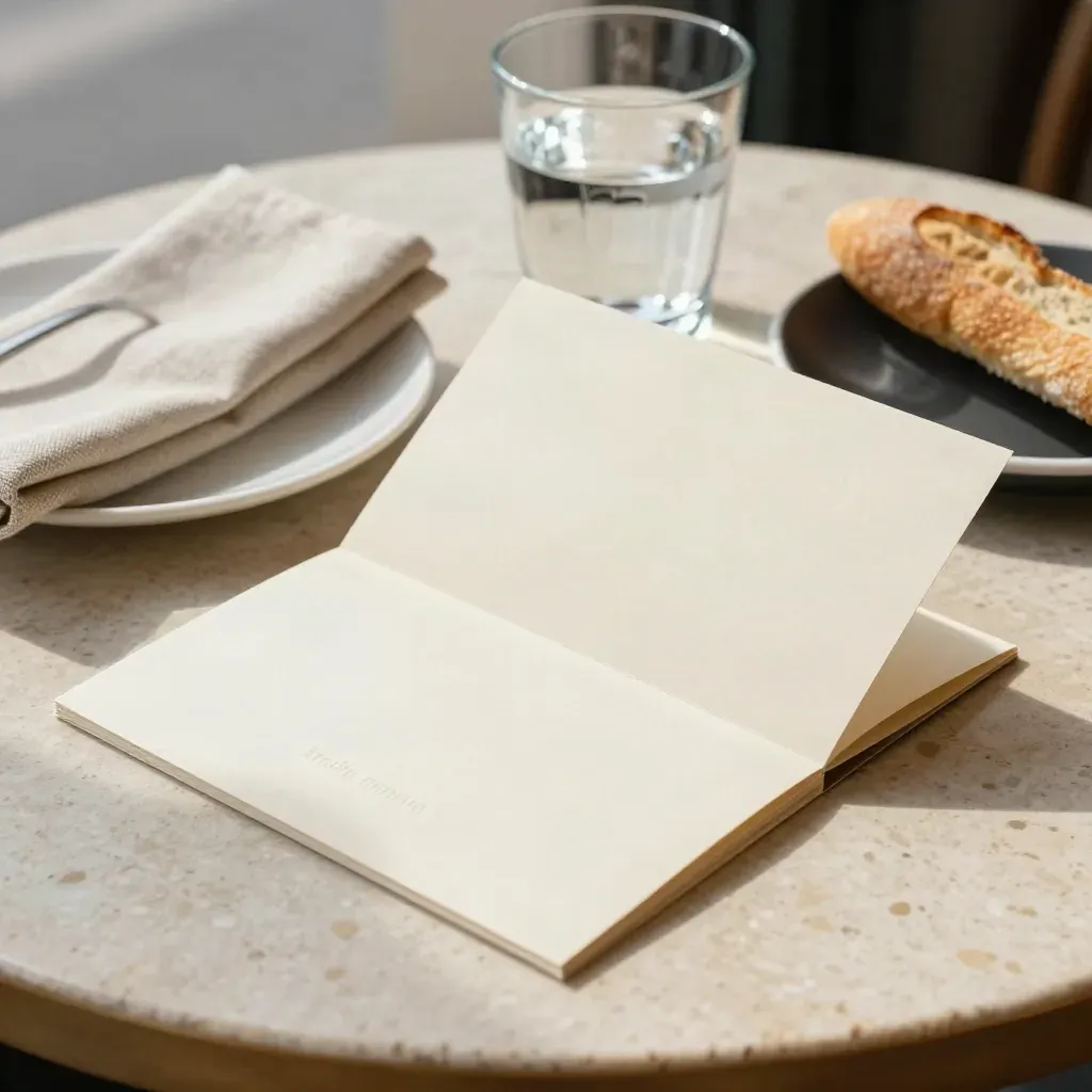 Cremefarbene Gutschein-Hülle auf Bistrotisch mit Teller, Serviette, Glas und Brotstange.