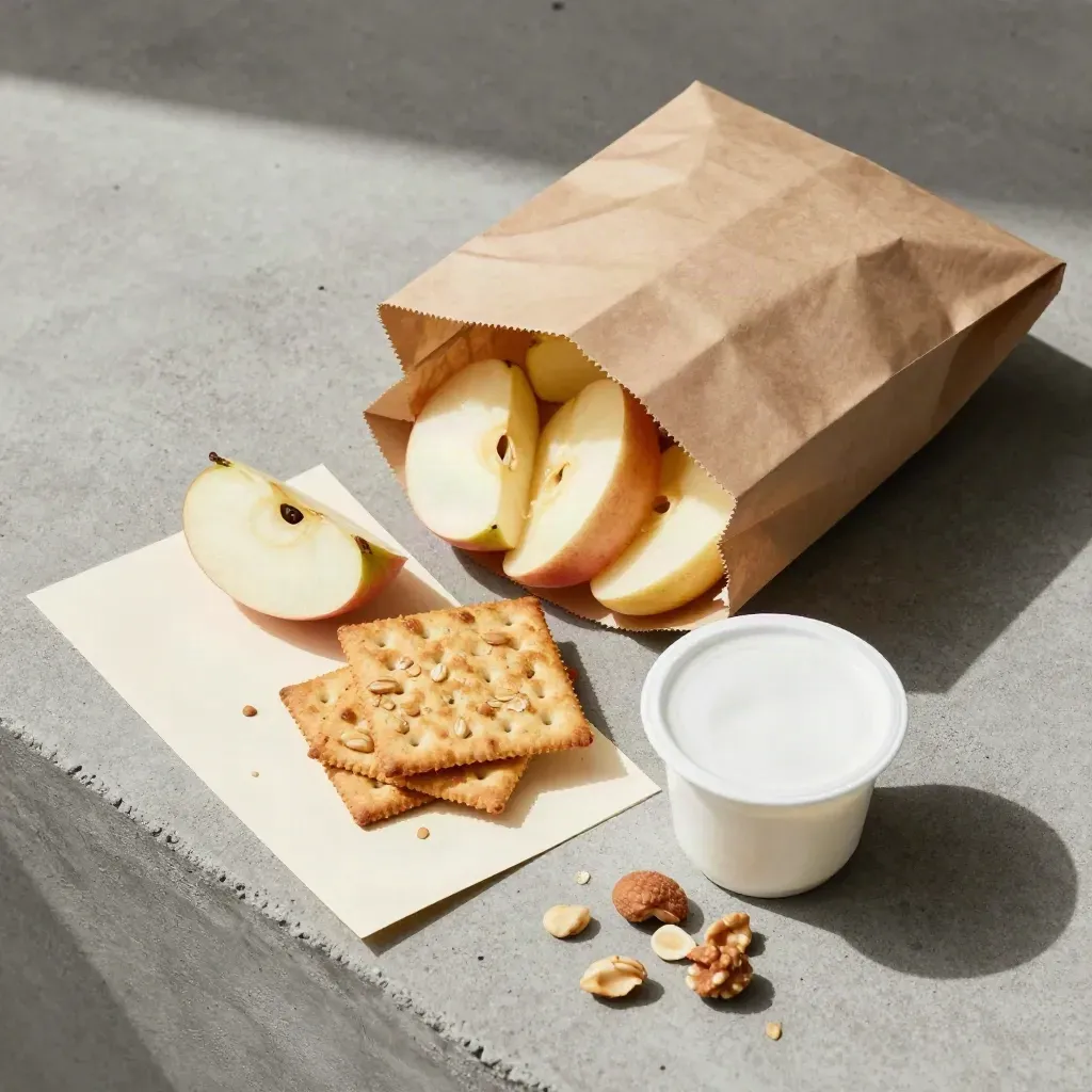 Snackpaket mit Nüssen, Apfelschnitzen, Crackern und Joghurt auf Betonfliese